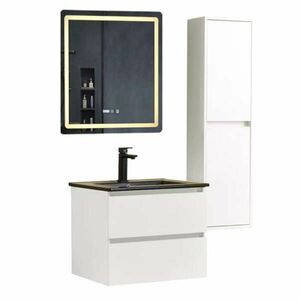 HD HongKong White 60 komplett fürdőszoba bútor szett fali mosdószekrénnyel, fekete slim mosdóval, tükörrel és magas szekrénnyel kép