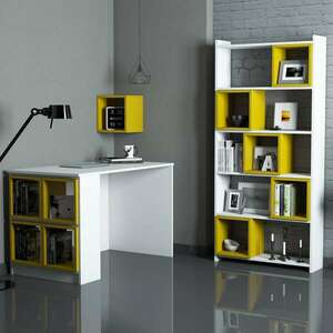 Box fehér-sárga íróasztal és könyvespolc kép