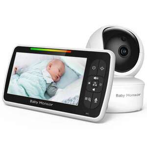 Baby Cam 1080P vezeték nélküli megfigyelő kamera, 5 hüvelykes színes monitor, 360 fokos elforgatás, 120 fokos fel-le tájolás, nagyítás-kicsinyítés, környezeti hőmérséklet jelző, hang mód aktiválása, ébresztőóra, éjszakai mód nézet, környezeti dalok kép