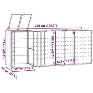 vidaXL fekete acél kerekes tároló 4 szemeteskukához 276 x 79 x 117 cm kép