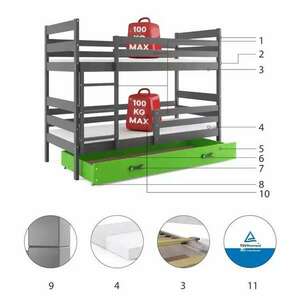 Ifjúsági emeletes ágy eryk 90x200 fiókkal, grafit/zöld kép