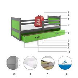 Ifjúsági egyszemélyes ágy rico 90x200 fiókkal, grafit/zöld kép
