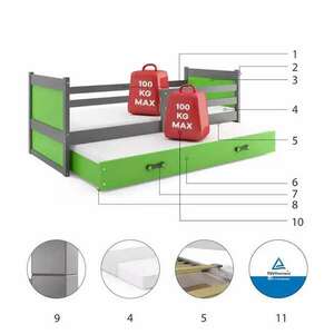 Kihúzható ifjúsági ágy rico 90x200 fiókkal, grafit/zöld kép
