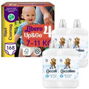 Coccolino Sensitive Pure Öblítő 272 mosás 4x1700ml + Libero Up&Go havi Pelenkacsomag 7-11kg Maxi 4 (168db) kép