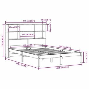 vidaXL barna tömör fenyőfa könyvespolcos ágy matrac nélkül 135 x 190cm kép