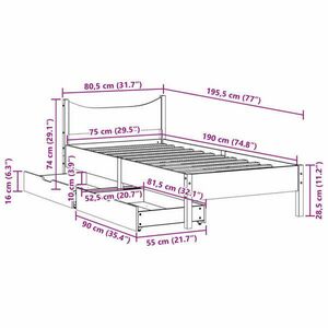 vidaXL tömör fenyőfa ágykeret fiókokkal 75 x 190 cm kép