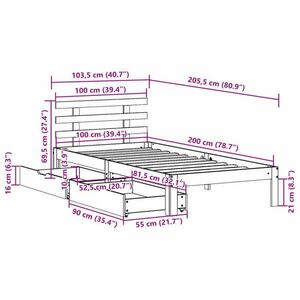 vidaXL tömör fenyőfa ágykeret fiókokkal 100 x 200 cm kép