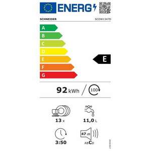 Schneider mosogatógép, szélesség 60 cm, 13 szett, 6 program, Eco mód, 24 órás késleltetett indítás, digitális képernyő, 2 permetezési fokozat, nincs mosogatószer jelző, automatikus leállítás, kép