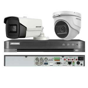 2 kamerás Hikvision vegyes felügyeleti rendszer, 1 kupola 8MP 4 az 1-ben, IR 30m, 1 golyó 4 az 1-ben 8MP, 3.6mm, IR 80m, 4ch DVR 4K 8MP kép