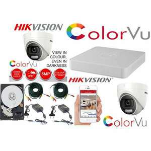 Professzionális felügyeleti készlet Hikvision Color Vu 2 kamerák 5MP IR20m, 4 csatornás DVR, teljes tartozékok HDD-vel kép