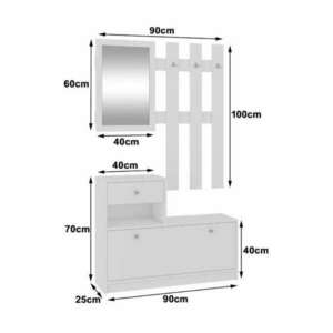Előszobabútor garnitúra, laminált lap, cipőtartóval, fogas, tükör, fehér, 90x25x70/100 cm kép
