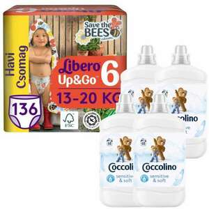 Coccolino Sensitive Pure Öblítő 272 mosás 4x1700ml + Libero Up&Go havi Pelenkacsomag 13-20kg Junior 6 (136db) kép