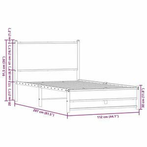 vidaXL barna tölgy színű fém ágykeret fejtámlával 107 x 203 cm kép