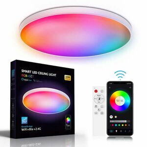 Intelligens RGB LED mennyezeti lámpa WIFI+Bluetooth, ANDROTEK®, 30W, 2600lm, távirányító, Alexa és Google Assistant hangvezérlés, Surplife alkalmazás, állítható hideg/meleg fehér és színes fény, 30cm, Zene mód, Fehér kép