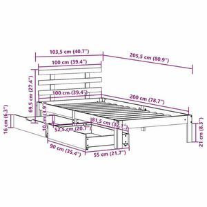 vidaXL fehér tömör fenyőfa ágykeret fiókokkal 100 x 200 cm kép