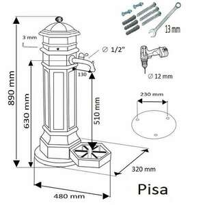 PISA KERTI KÚT 26/06 - KALAPÁCSLAKK EZÜST - alumínium öntvényből saját gyártású kerti állókút 1/2 colos réz kerti-csappal - 89 cm x 32 cm x 48 cm - kép