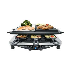 Steba elektromos grill és raclette tányér, RC 8 Steel Deluxe, megfordítható alumínium lemez, 8 raclette serpenyő, 29 x 29 cm, hőmérséklet szabályozás, egyszerű tisztítás, kábeltároló hely, zs kép