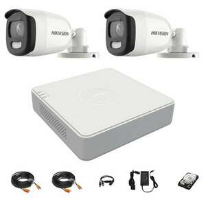 CCTV rendszer Hikvision 2 kamerák 5MP ColorVu 2.8mm, fehér fény 20m, 4 csatornás DVR, szerelési tartozékok, merevlemez 1TB kép