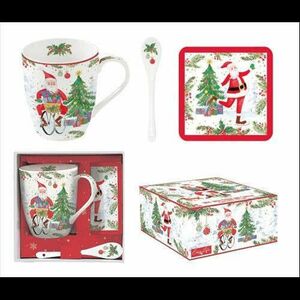 Porcelánbögre 350ml, kanállal, parafa poháralátéttel, dobozban, Joyful Santa kép