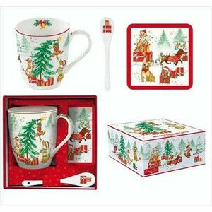 Porcelánbögre 350ml kanállal, parafa poháralátéttel, dobozban, Christmas Gang kép