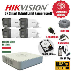 Hikvision Szereld Magad TurboHD Csomag 4 kamerás 3K smart hybrid szabadon vágható utp kábellel és hagyományos balunnal kép