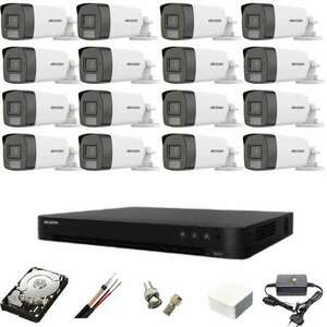 CCTV rendszer: 16 kamera: Hikvision, 5MP, Dual Light, IR, 40m, WL, 40m, DVR, AcuSense, 8MP mellékelt tartozékokkal: HDD, 4TB kép