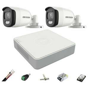 CCTV rendszer Hikvision 2 kamerák 5MP 2.8mm ColorVU, fehér fény 20m, 4 csatornás DVR, tartozékok, merevlemez 1TB kép