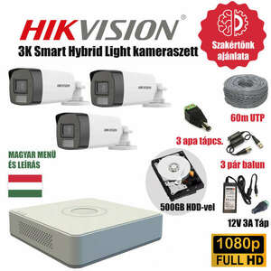 Hikvision Szereld Magad TurboHD Csomag 3 kamerás 3K smart hybrid szabadon vágható utp kábellel és hagyományos balunnal kép