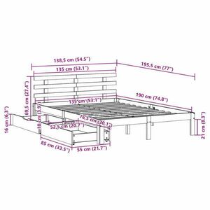 vidaXL viaszbarna tömör fenyőfa ágykeret fiókokkal 135 x 190 cm kép