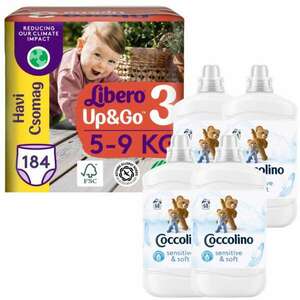 Coccolino Sensitive Pure Öblítő 272 mosás 4x1700ml + Libero Up&Go havi Pelenkacsomag 5-9kg Midi 3 (184db) kép