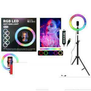 26cm-es RGB LED Selfie Ring / körfény + teleszkópos állvány + telefontartó, videó, live stream / változtatható színnel kép