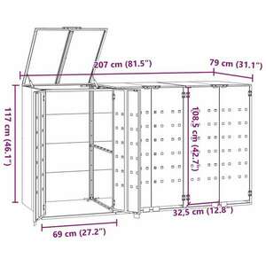 vidaXL szürke acél kerekes tároló 3 szemeteskukához 207 x 79 x 117 cm kép