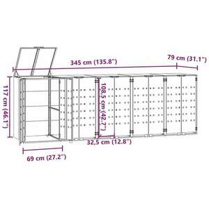 vidaXL fekete acél kerekes tároló 5 szemeteskukához 345 x 79 x 117 cm kép