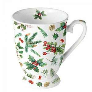 Karácsonyi porcelán bögre 250 ml - magyal - fenyőágas / Winter greenery white kép