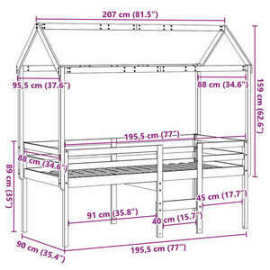 vidaXL tömör fenyőfa magasított ágy tetővel 90 x 190 cm kép