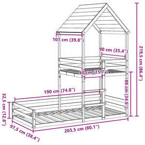 vidaXL viaszbarna tömör fenyőfa ágy emelettel és tetővel 90 x 190 cm kép