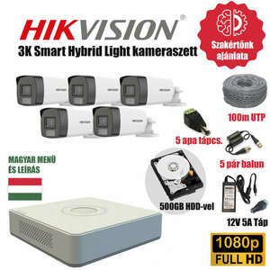 Hikvision Szereld Magad TurboHD Csomag 5 kamerás 3K smart hybrid szabadon vágható utp kábellel és hagyományos balunnal kép