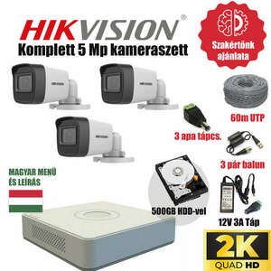 Hikvision Szereld Magad TurboHD Csomag 3 kamerás 5Mp szabadon vágható utp kábellel és hagyományos balunnal kép