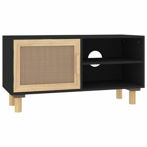 vidaXL fekete fenyőfa és természetes rattan TV-szekrény 80x30x40 cm kép