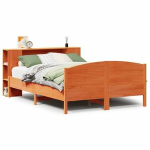 vidaXL barna tömör fenyőfa könyvespolcos ágy matrac nélkül 160 x 200cm kép
