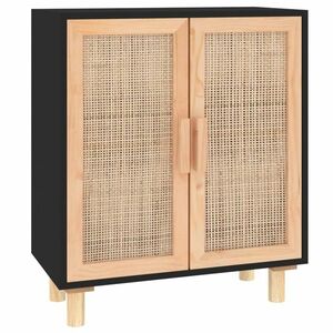 vidaXL fekete tömör fenyő/természetes rattan tálalószekrény 60x30x70cm kép