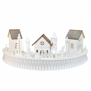 Fából készült LED-es dekoráció: Falucskatemplommal, 40 x 14 x 20 cm, félkör alakú kép