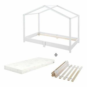 Fehér tömörfa házikó alakú gyerekágy matraccal-ágyráccsal 70x140 cm – Roba kép