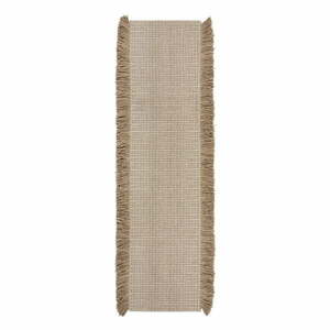 Bézs kézi szövésű gyapjúkeverék futószőnyeg 60x230 cm Rene Fringed Ribbed – Flair Rugs kép