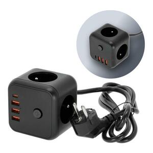 Hosszabító kábel kocka kapcsolóval LINEA 3x230V + 4xUSB A/C fekete KGLCZW3U4D1C kép