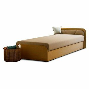 Okkersárga-bézs kárpitozott-forgácslemez ágyneműtartós egyszemélyes ágy matraccal 80x190 cm Parys – ELTAP kép