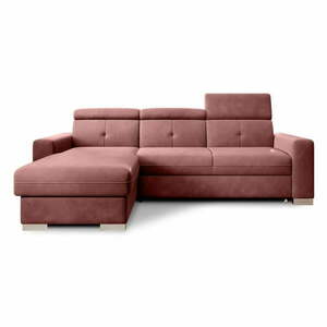 Rózsaszín bársony kinyitható-tárolóhelyes sarokkanapé (bal oldali-heverő résszel) Fresia – ELTAP kép