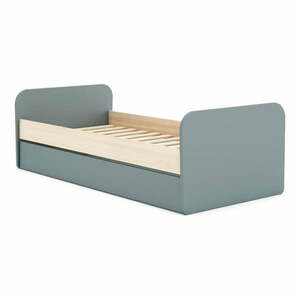 Szürkészöld ágyneműtartós gyerekágy kihúzható pótággyal, ágyráccsal, borovi fenyő dekorral 90x200 cm Esteban – Marckeric kép