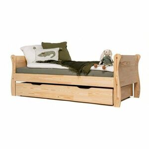 Natúr színű borovi fenyő ágyneműtartós gyerekágy kihúzható pótággyal, ágyráccsal 80x160 cm Roma – Adeko kép