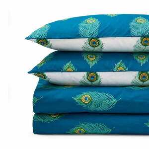 Fehér-kékeszöld egyszemélyes pamut ágyneműhuzat 135x200 cm Peacock Feather – Their Nibs kép